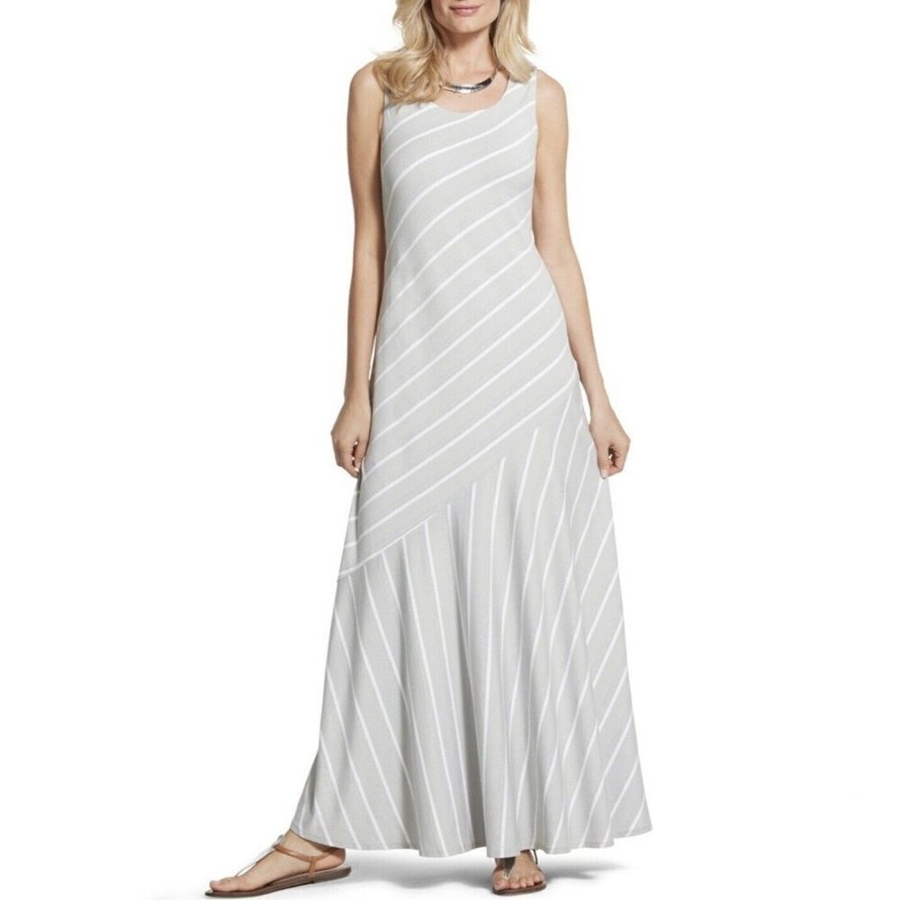 Chico's Maxi Dress Size 0‎ S/4 Stretch Metallic Shimmer Striped Sleeveless Grey